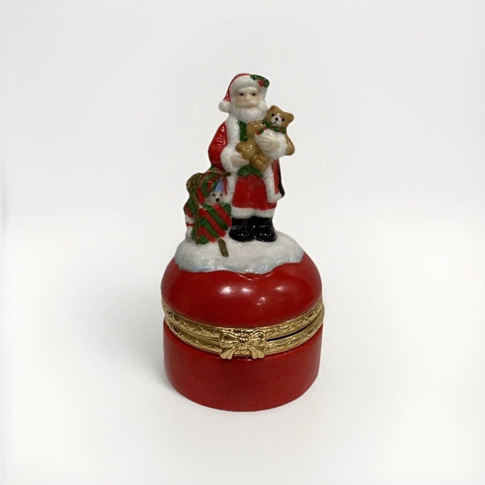 Vtg Santa Toys Christmas Trinket Box Gift Jewelry Decor Porcelain Round